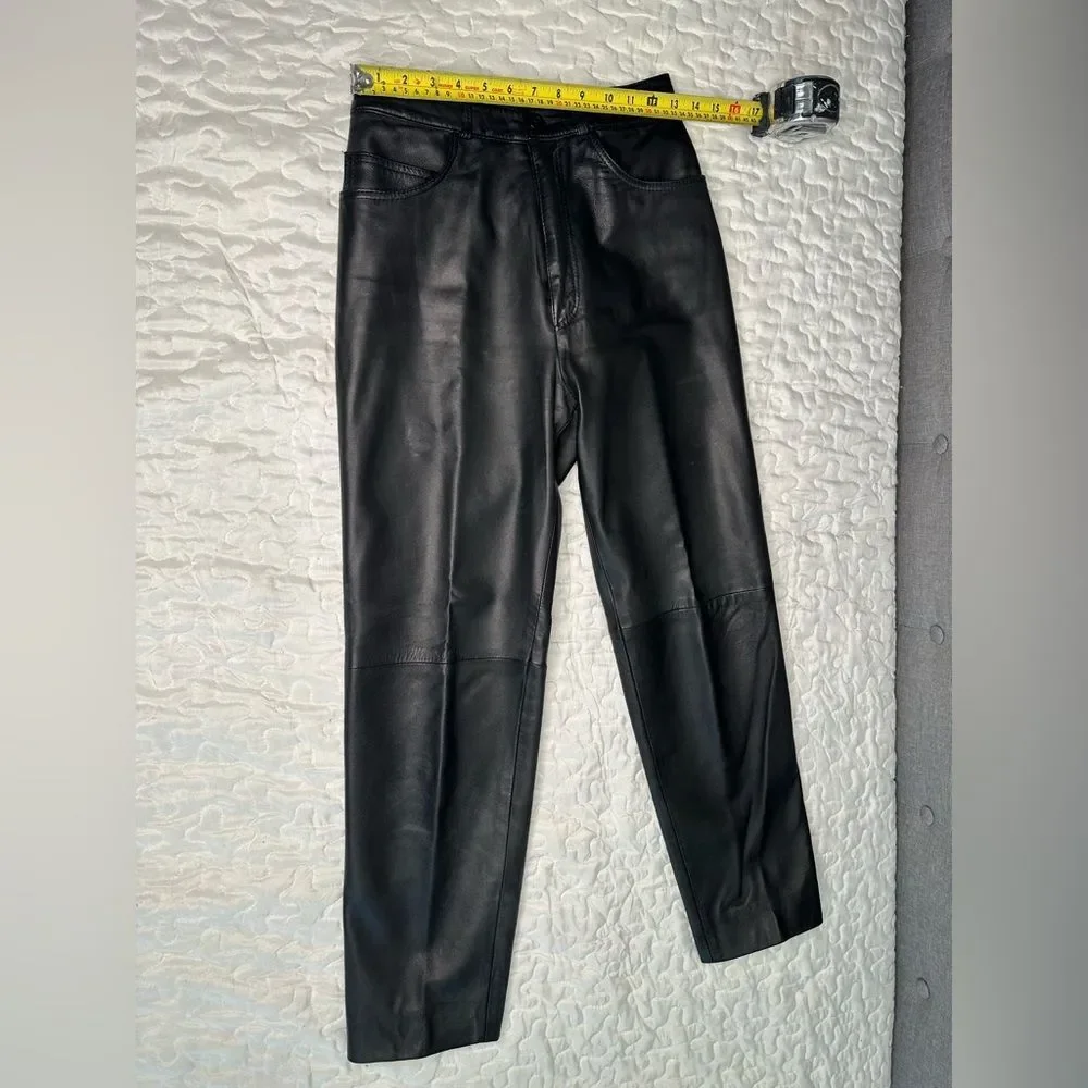 Vintage 90s Maglia Black Leather Pants High-Waisted Straight-Leg USA Made Sz 8 - Picture 10 of 11